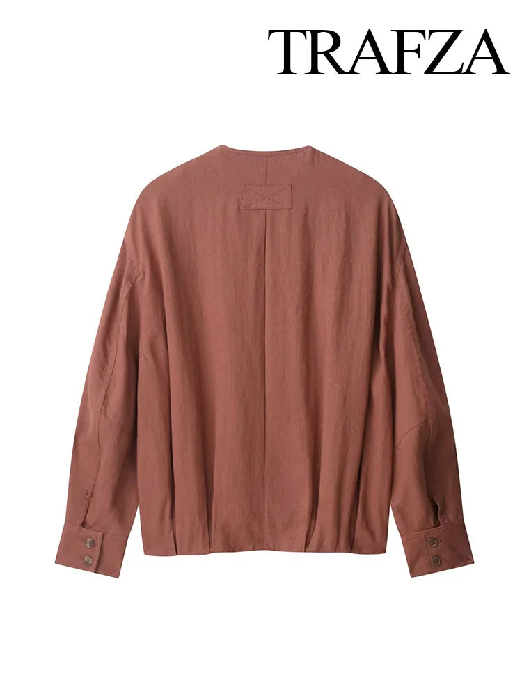TRAFZA Female New Fashion Casual Jackets Solid O-Neck Long Sleeves Single-Breasted Women's Autumn Streetwear Style Coats