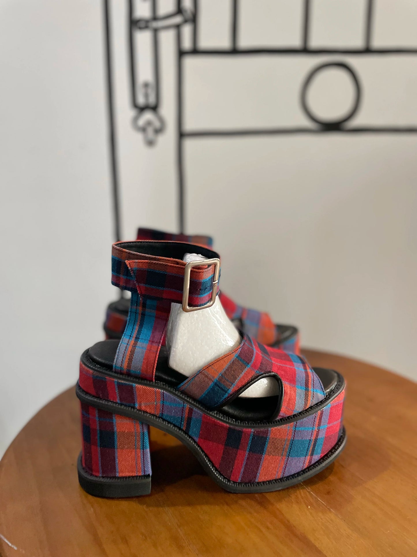 Platform Plaid Buckle Strap Sandals Open Toe Height Increasing Cut Out Rome Runway Show Women Heels Customize Color Plus Size