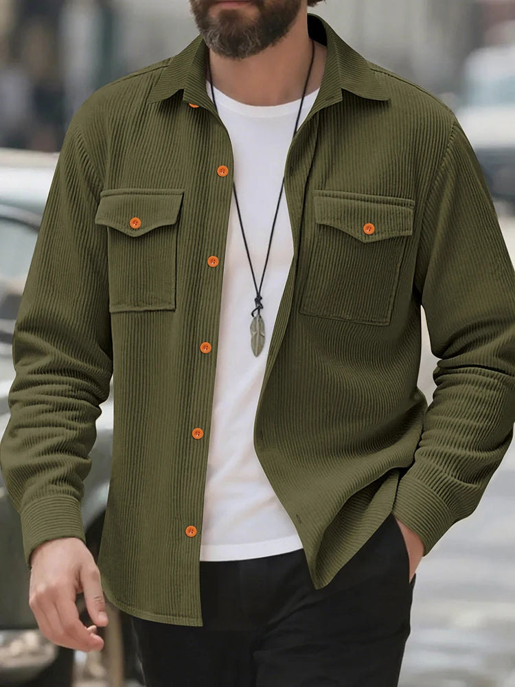 Casual Men's Corduroy Shirt Jacket Spring Autumn Vintage Button-up Turn-down Collar Cargo Jackets Men Fashion Textured Cardigans