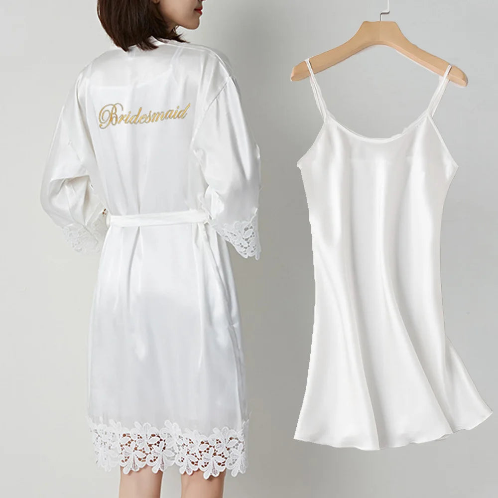 Sexy Lace Bride Bridesmaid Kimono Dresses Robes Women Home Gown Intimate Lingerie Wedding Robe Set Night Sleepwear Bathrobe 2PCS