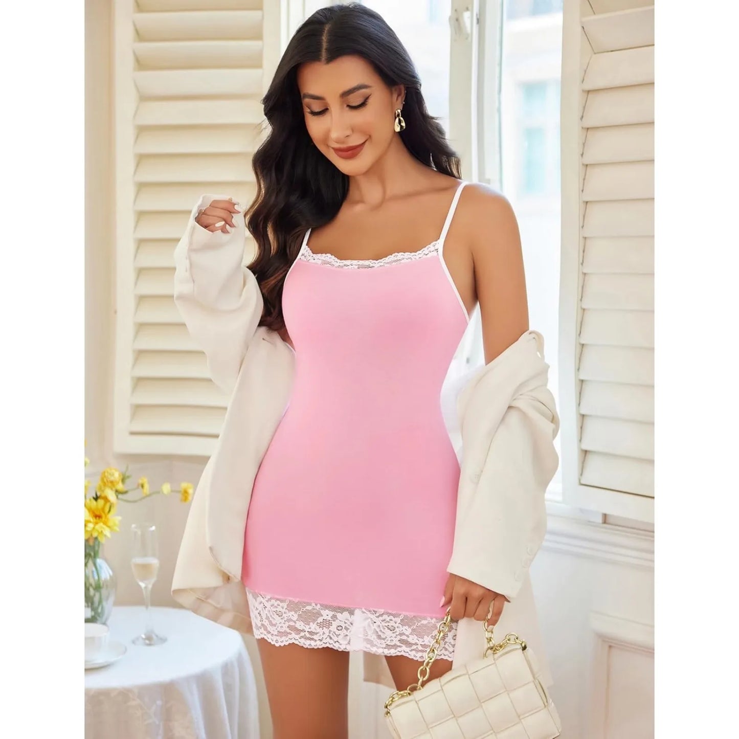 Nightgowns for Women Sexy Lace Trim Mini Slip Dress Modal Sleepwear Babydoll Lingerie Nightdress