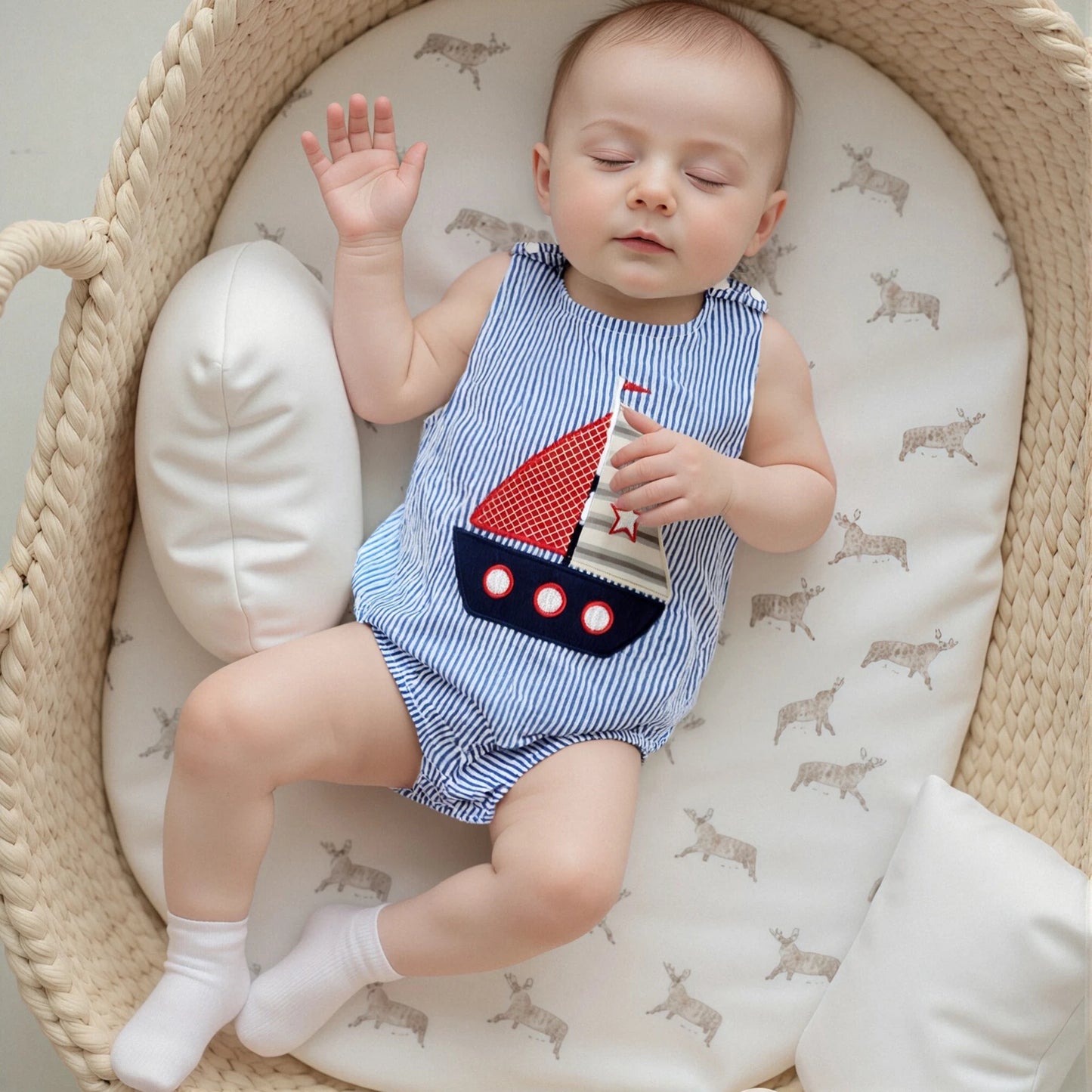 Baby Boy Striped Overalls Romper Sailboat Embroidered Sleeveless Bodysuit Cute Summer Clothes