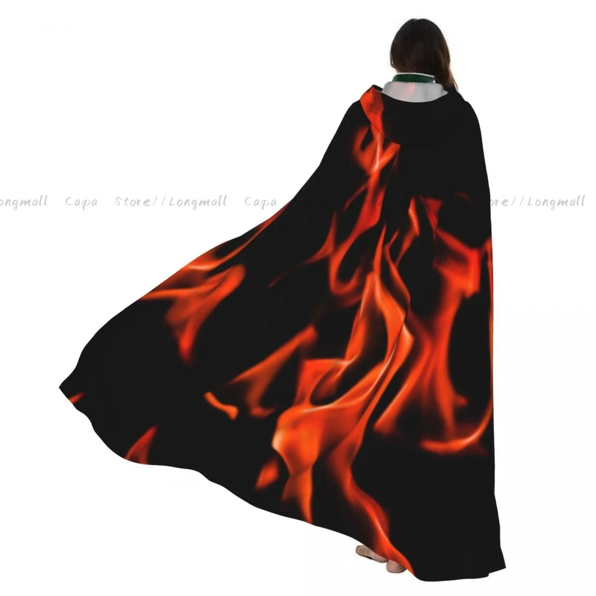 Adult Vampire Cape Hooded Robe Flames Of Fire Background Halloween Cloak Full Length Cosplay