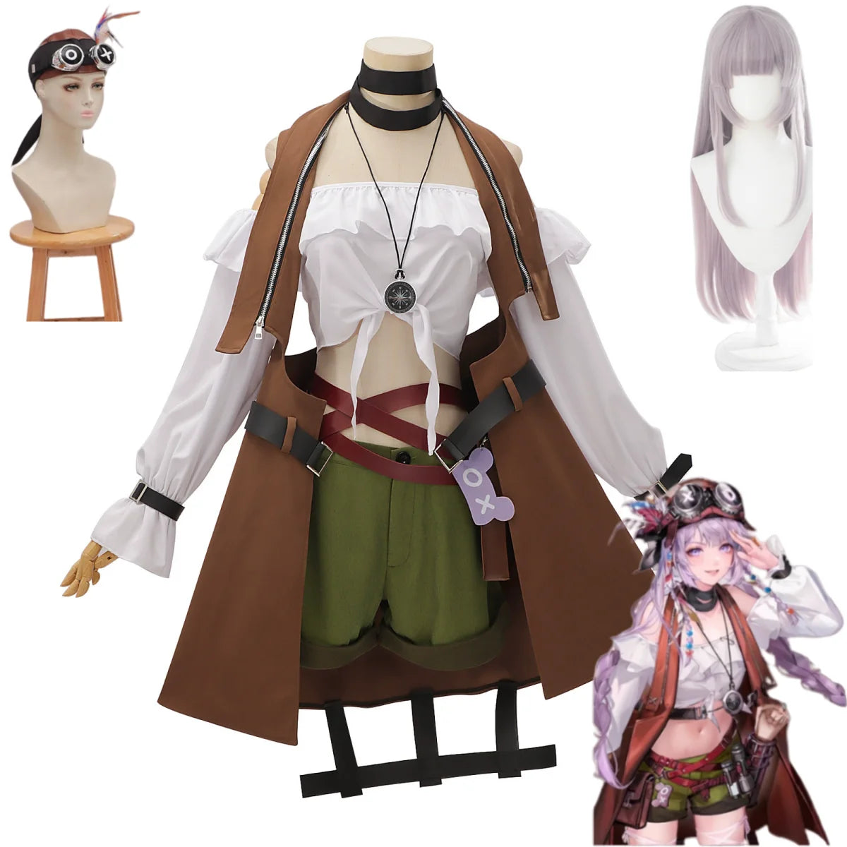 Game Path To Nowhere Hella Cosplay Costume Brown Coat Cloak Shorts Hat Tube Tops Uniform Wig  Woman Sexy Carnival Party Suit