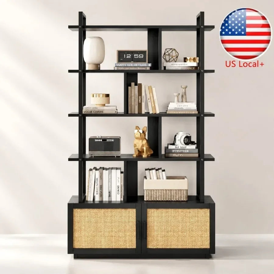 5-Tier Rattan Bookshelf with Storage Cabinet Door 71.1-Inch Tall Industrial Bookcase for Living Room Black Metal Frame Woven Ra