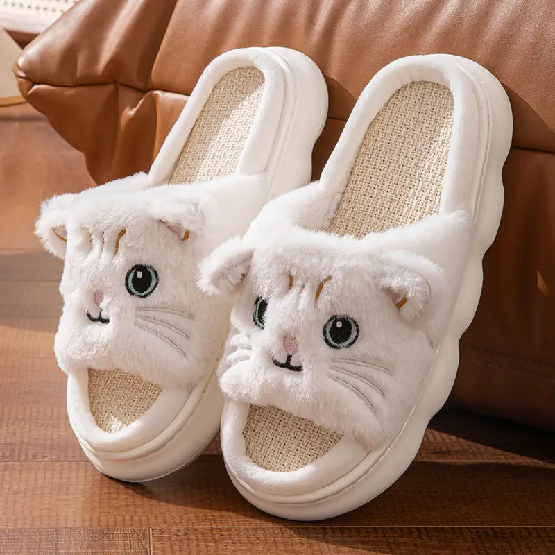 Open Toe Plush Shoes for Women Men Couples Cat Slippers Cute Stereoscopic Kitten Shoes Breathable Linen Slipper