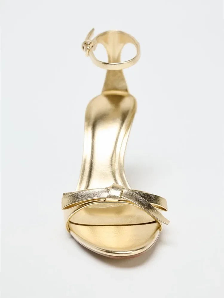 Elegant Golden Bow Brand High Heeled Sandals Women Summer Sexy Open Toe Ankle Buckle Designer Shoes Fashion Comfort Dress Shoes