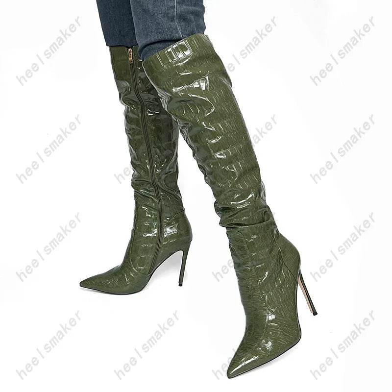 Sukeia New Women Winter Knee Boots Stone Pattern Stiletto Heels Pointed Toe Gorgeous Green Club Shoes Ladies US Size 4-15