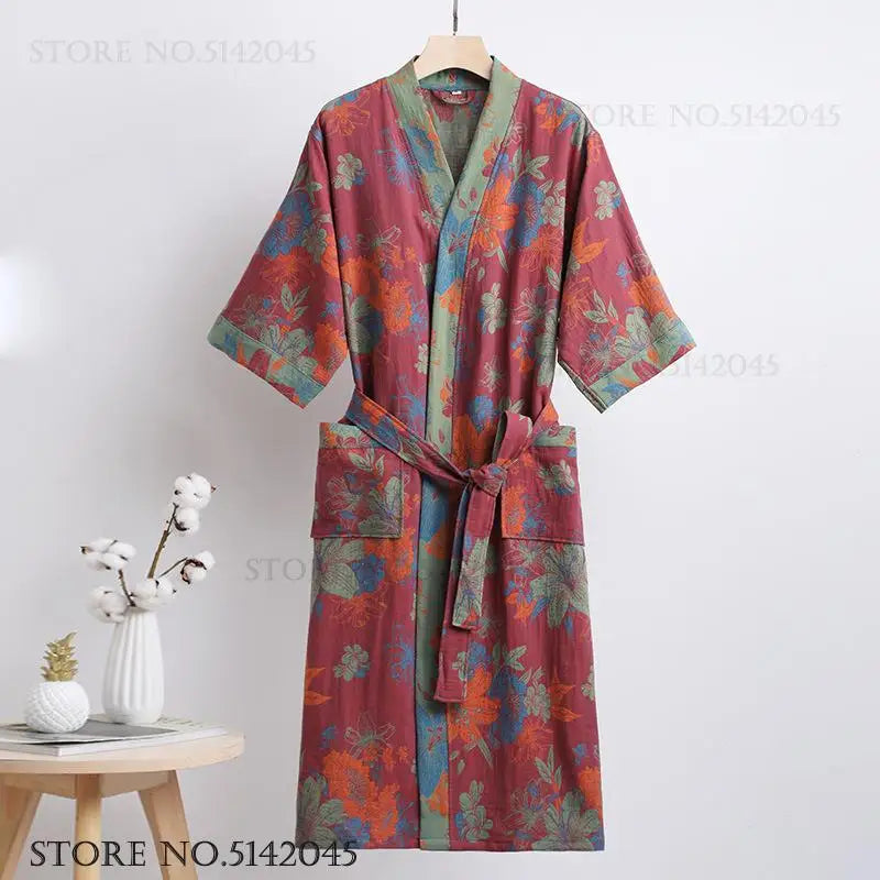 Double Layer Cotton Gauze Long Robe Retro Jacquard Kimono Bathrobe Gown Spring Summer Sleepwear Couple Pijama Loose Lingerie