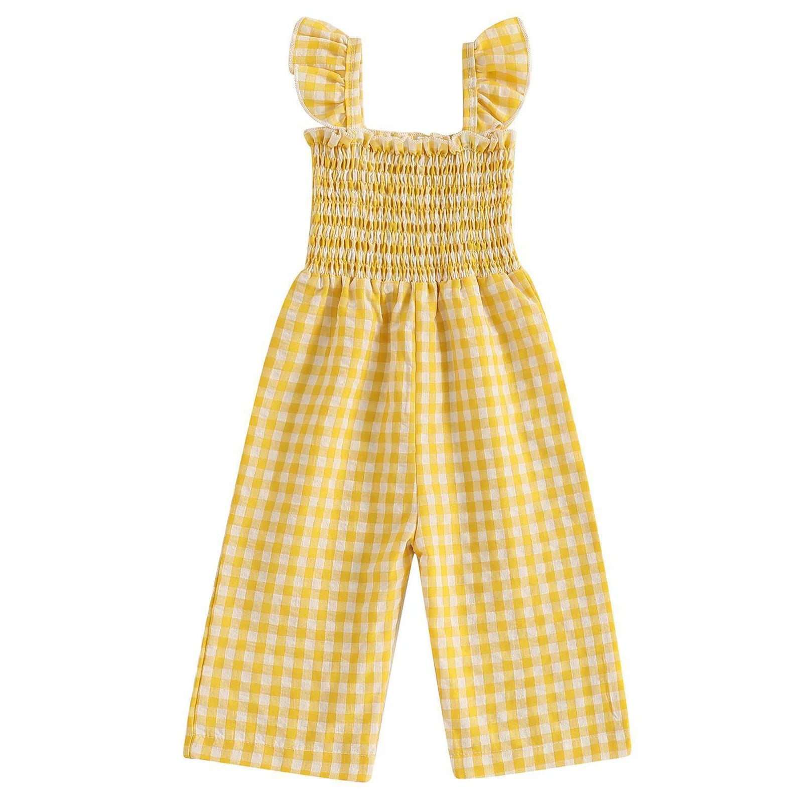 Toddler Baby Girls Summer Clothes Sweet Plaid Bodysuit Fly Sleeves Smocked Rompers Wide Leg Jumpsuit Holiday Party Daily Wear