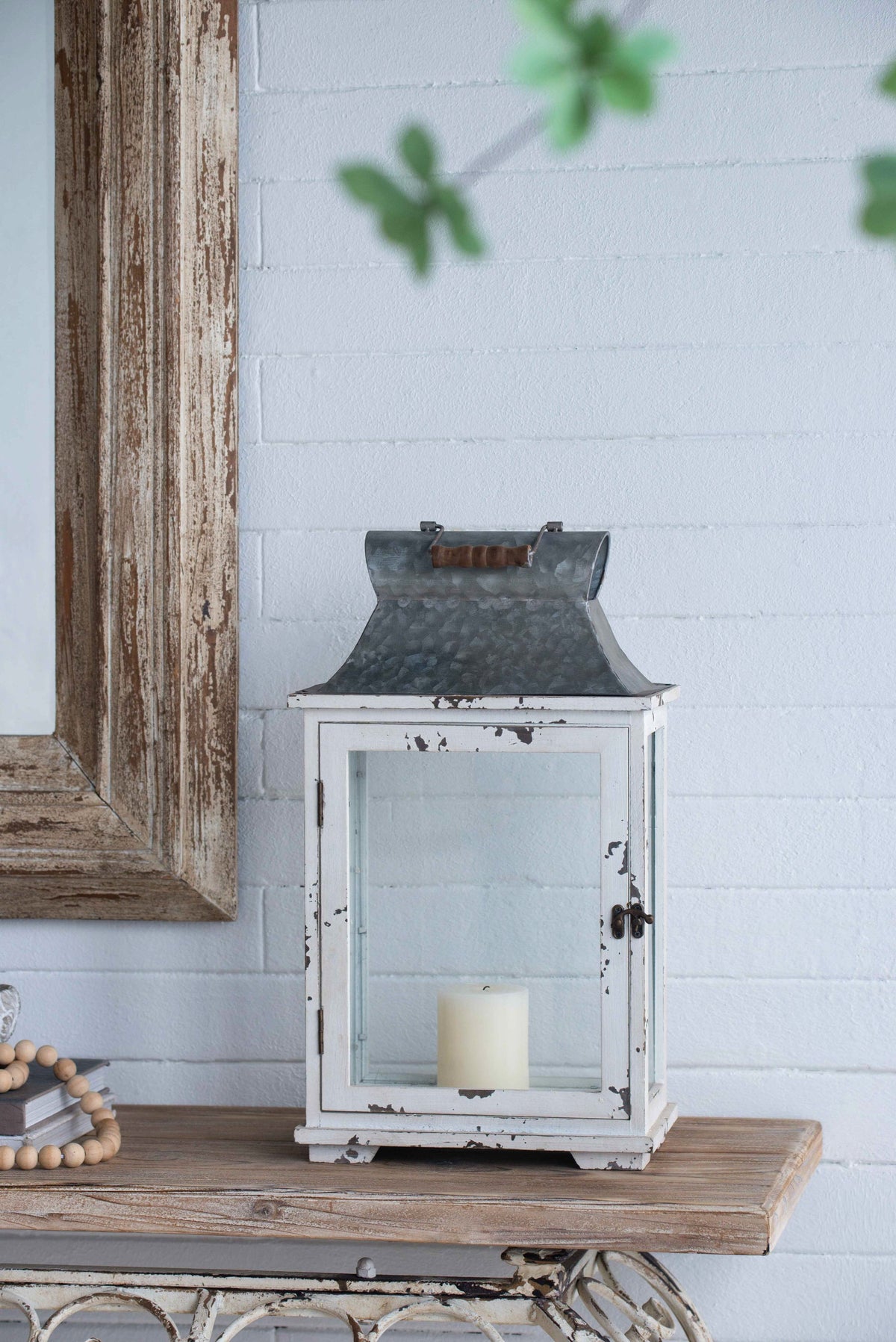 Set of 2 White Wood & Metal Hurricane Candle Lanterns