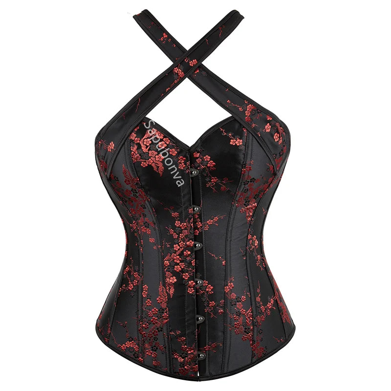 Corset Top Bustier Halter Strap Plus Size Embroidery Flower Lace UP Overbust Burlesque Costume Sexy Lingerie Women Red Black