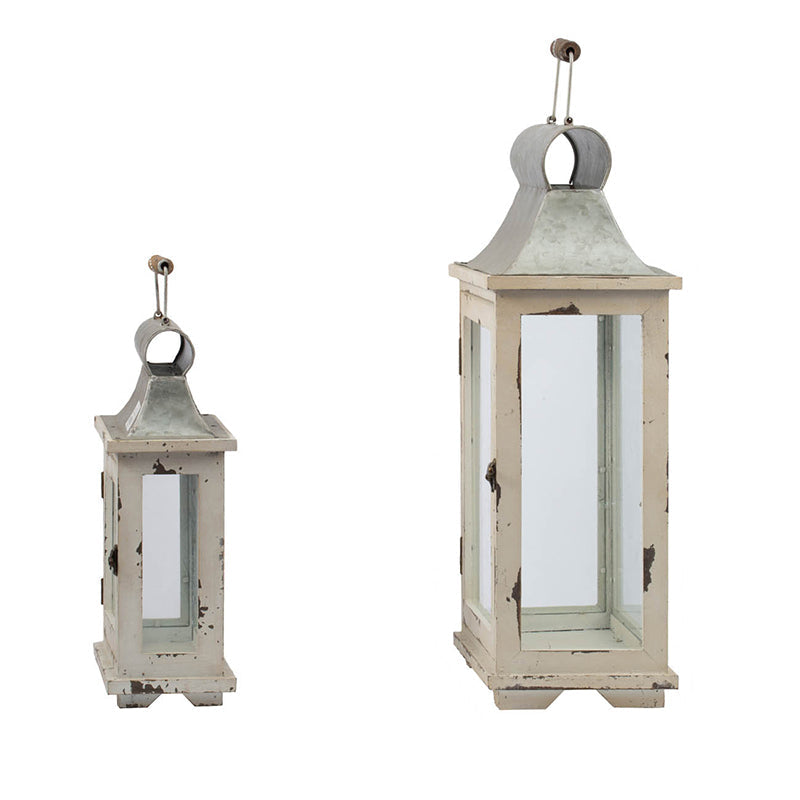 Set of 2 White Wood & Metal Hurricane Candle Lanterns