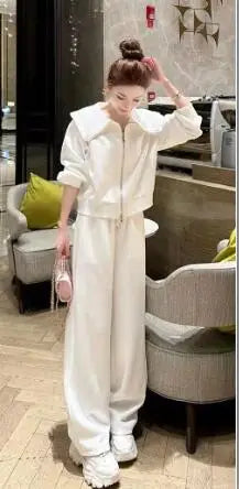 Spring 2023 Hot Drilling Sports Tracksuit Women Doll Collar Sweet Pink Cardigan Coat Outerwear Casual Sweatpants Two-Piece Sets