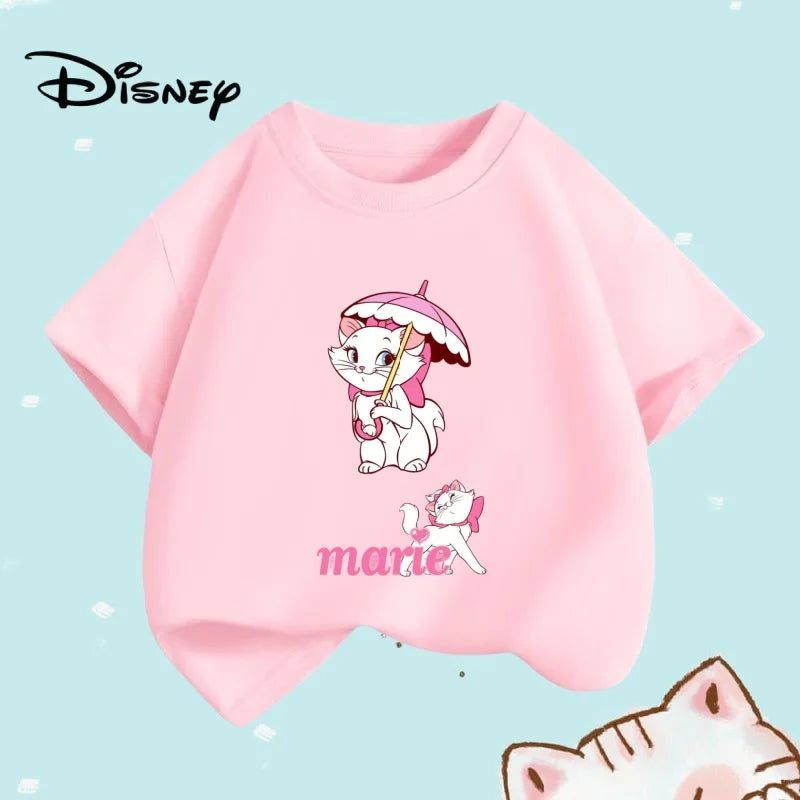 Summer Baby Girls Solid Clothes Kid Disney Marie Cat Printed Short Sleeve T-shirts Children Cartoon O-Neck Soft Breathable Top