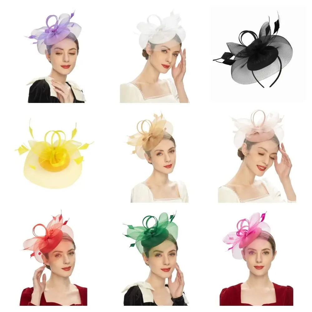 Fashion Feathers Mesh Fascinator Hat Elegant Exquisite Veil Hat Headwear Hair Hoop Sweet Bride Headband Cocktail Party