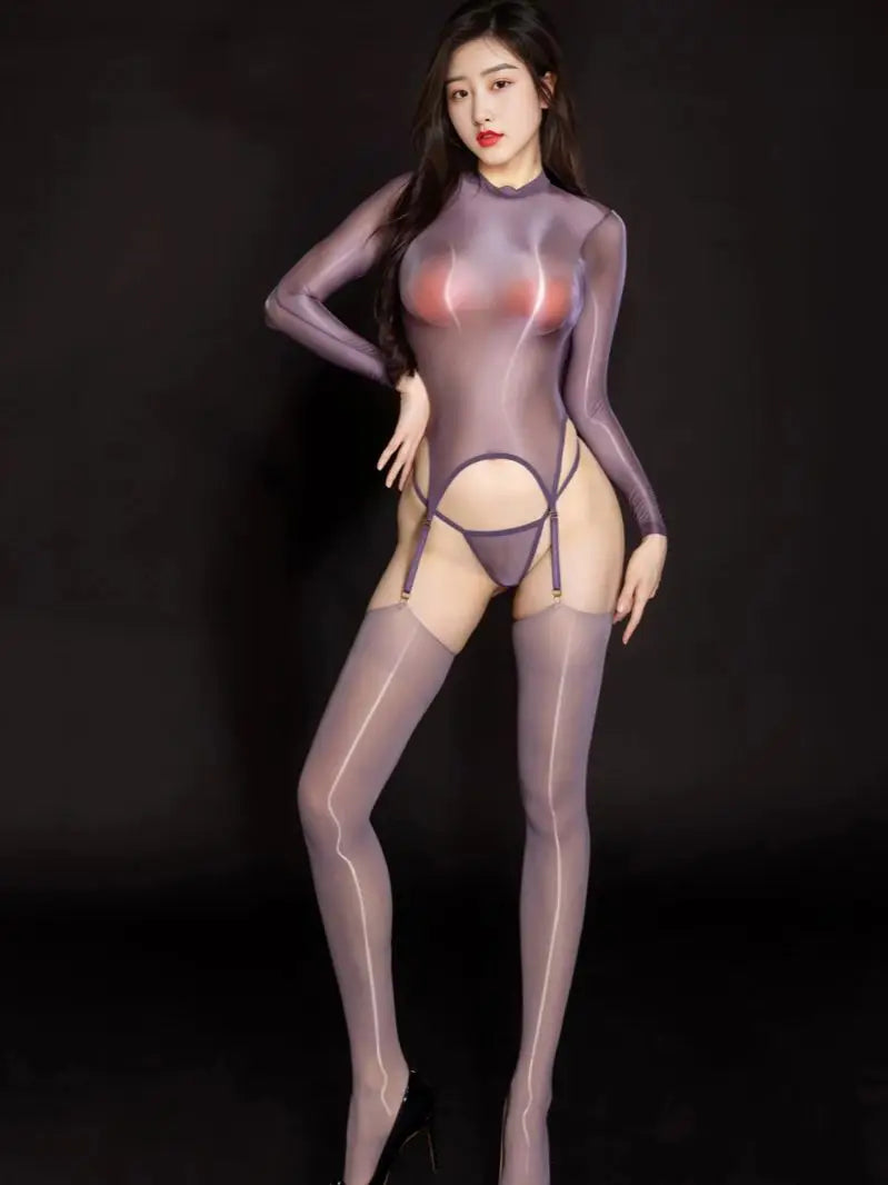 Glossy Shiny Outfit Crotchless Long Sleeve Bodysuit Tights Hot Sexy Transparent Clubwear Lingerie Stocking Body Garter Belt Set