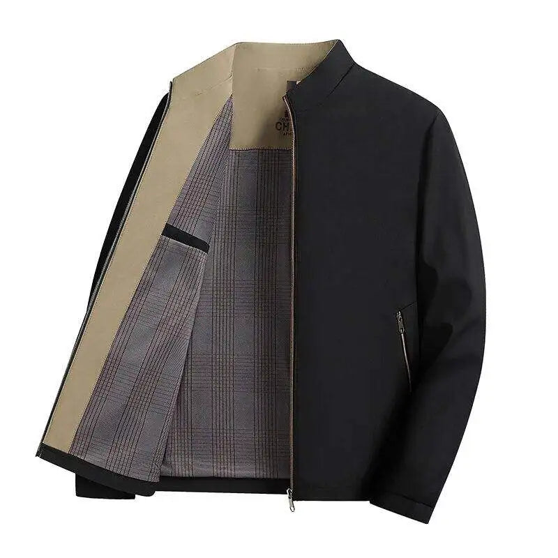 A stylish, cool and versatile solid color casual and trendy business jacket with a stand-up collar for senior dads