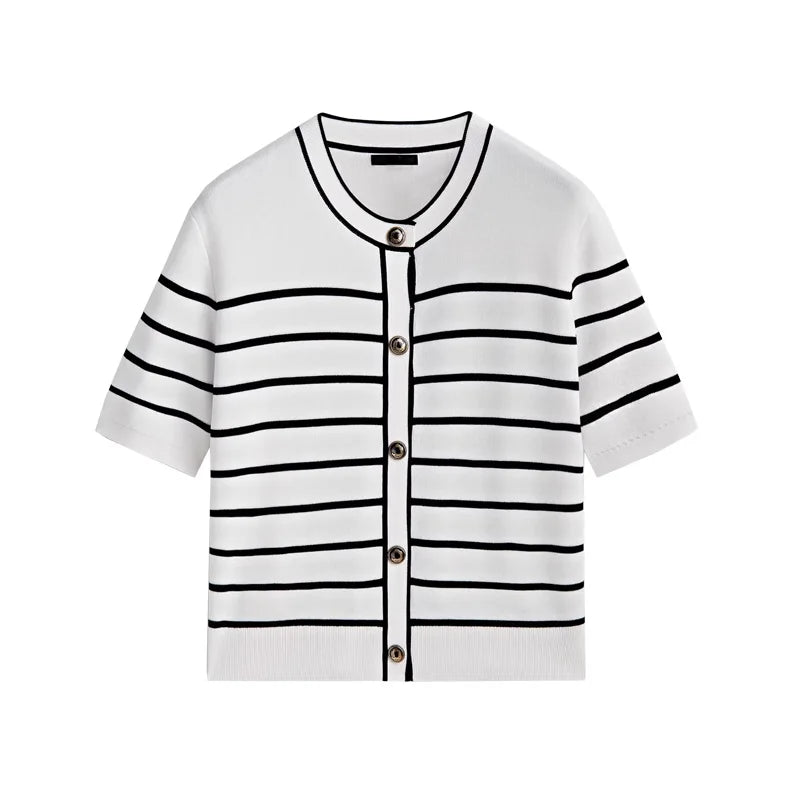 Ele Button Design Striped Cotton Knitted Open Cardigan Outerwear MD Early Autumn New Sle Commute Sle Polyester Fiber