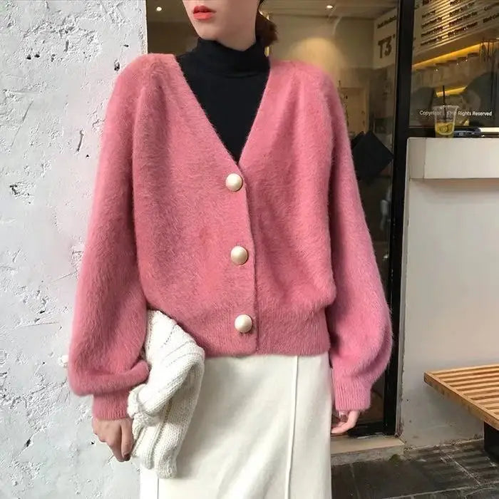 Women Autumnn New Chic Fashion Fluffy Soft Plush V-neck Knitted White Cardigan Sweater Coat Korean Fashion Tops Y2k
