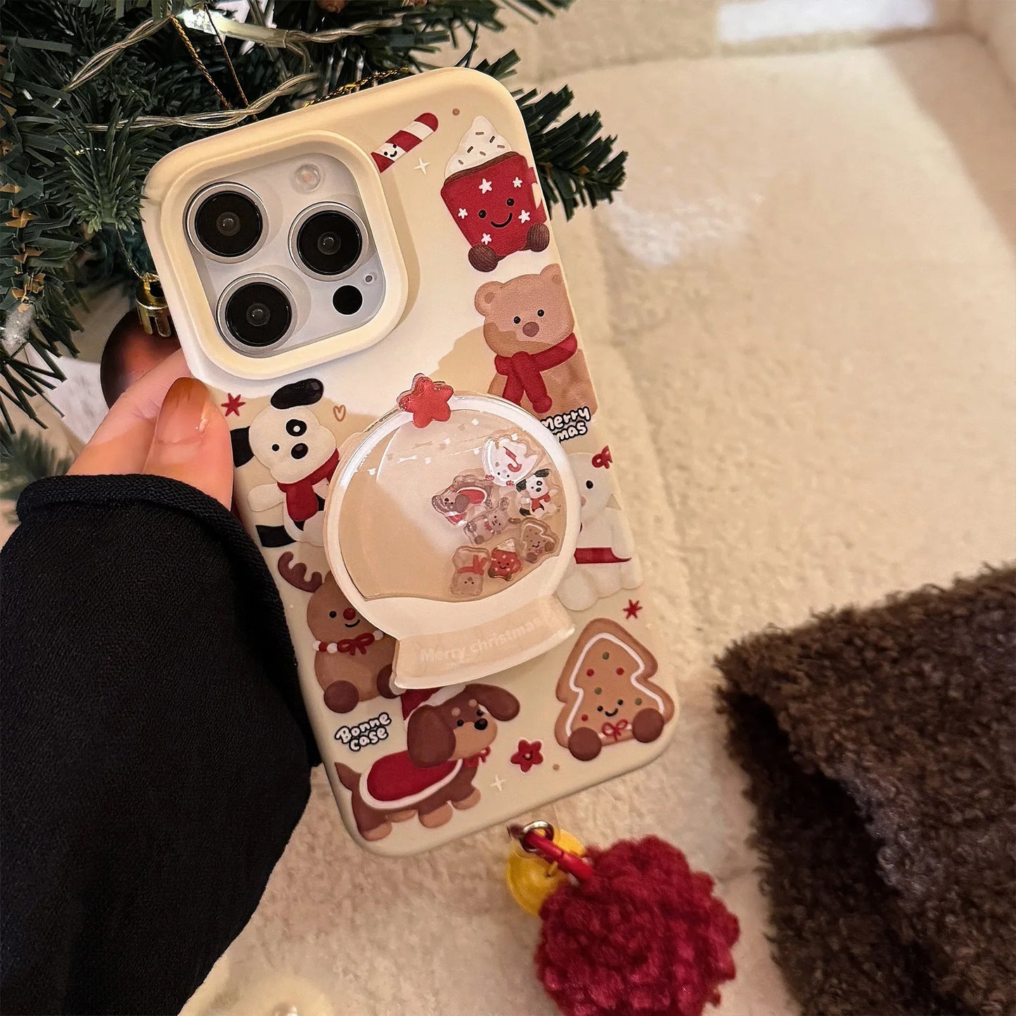 ins Cute Cartoon Doll Christmas Quicksand Shake Bracket Phone Case For iPhone 16 14 13 12 15 Pro Max Pendant Shockproof Cover