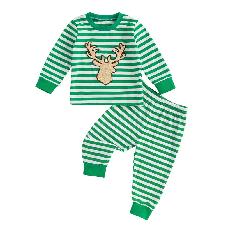 Baby Girl Boy Christmas 2pcs Outfit Striped Santa Embroidered Sweatshirt  Pants Set Toddler Clothes