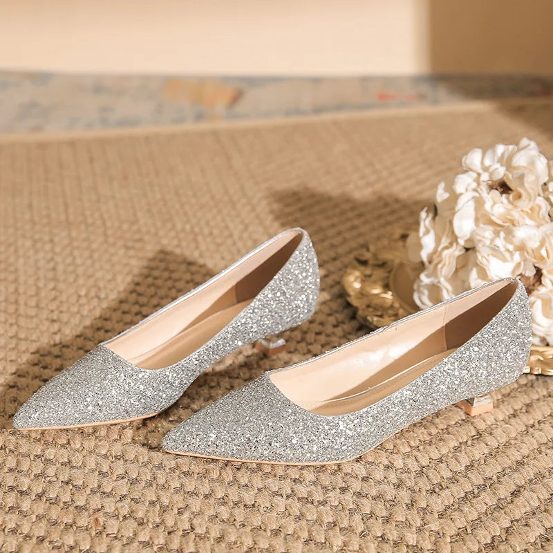 Size 34-41 Red Low Heels Women's Stiletto Heel Wedding Shoes Women Pointed Toe Fashion Sexy Elegant Bride Pumps Gold