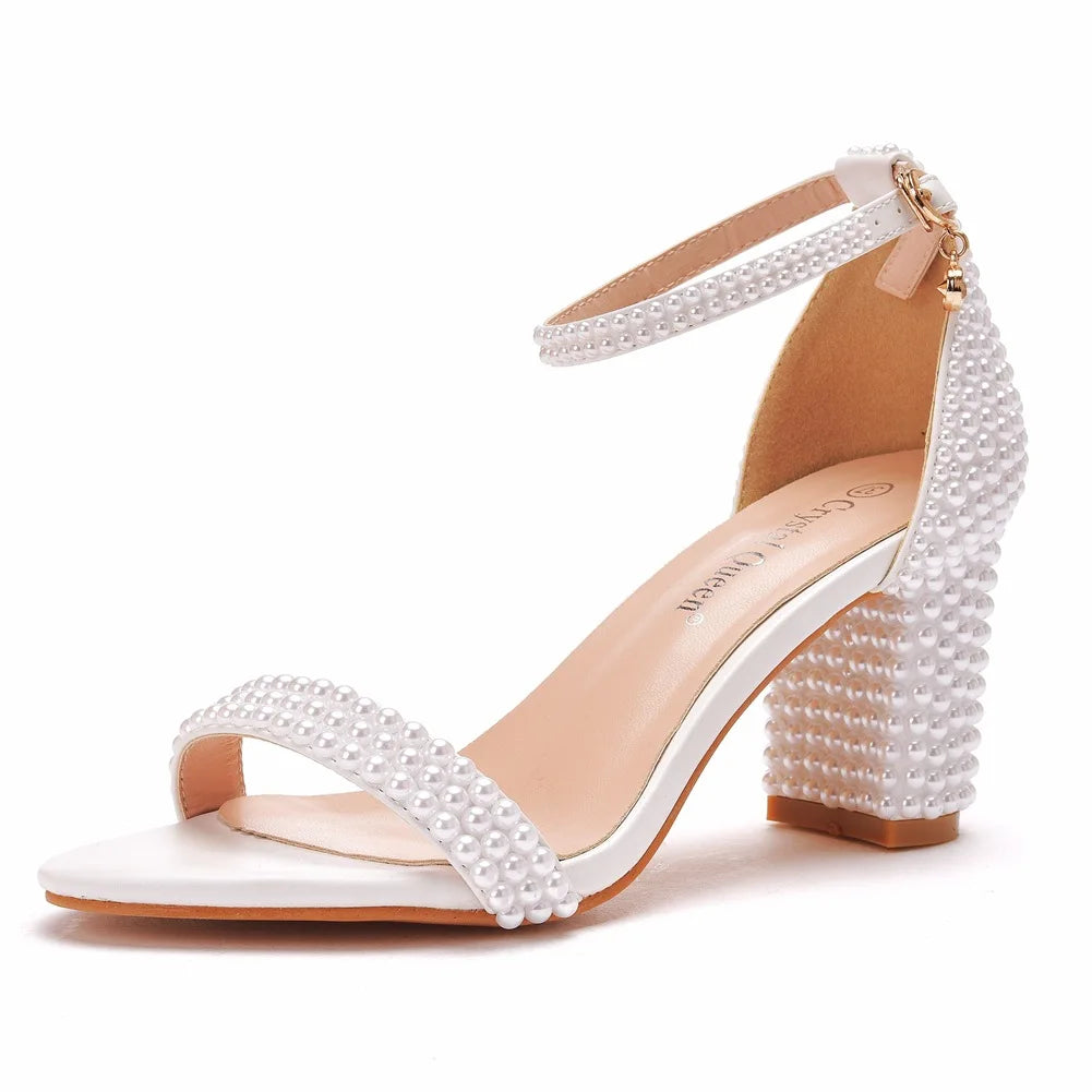 2025 New Women's White Pearl Wedding High Heel Sandals Elegant Footwear for Brides