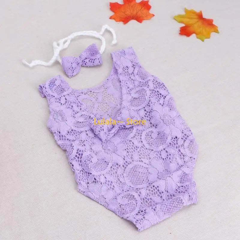 Y4QA Infant Clothes Newborn Photography Props Baby Romper Jumpsuit Headband Set with Lace Floral Photo Outfits