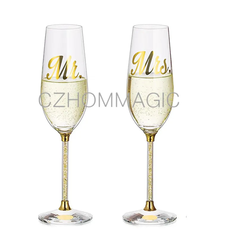 2pc 200ml Wedding Crystal Champagne Flutes Glasses Engraved Mr & Mrs Set for Bride and Groom Toasting Champagne Flutes Cup Gifts