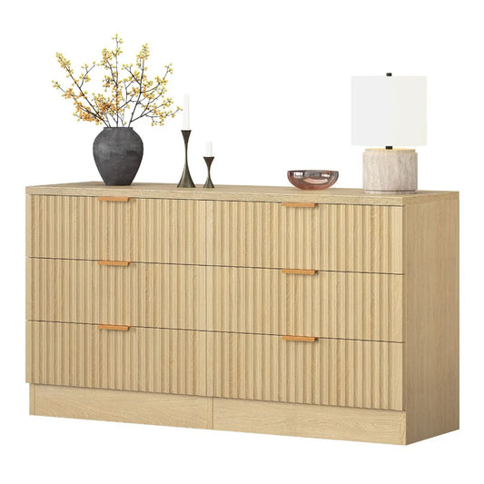 Oak 6 Drawer Dressers with Fluted Pane TV Stand Drawer Cabinet for Living Room