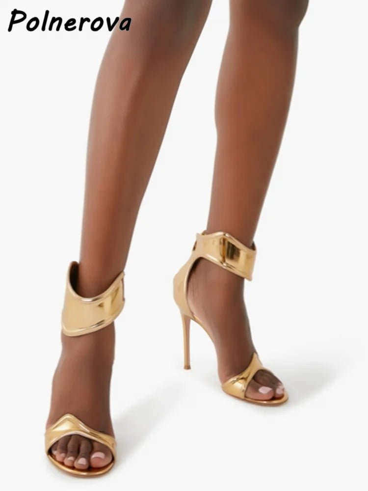 Wave Shape Straight Strap Sandals Ankle Band Silvery Gold Back Zipper Leather Shoes Summer Sexy Stiletto Fashion Sandals 2025