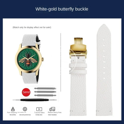 watch band For GUCCI YA1264065 Little Bee Embroidered Gucci Men's and Women's Green Genuine Lea/ther Watch Strap 20mm Bracelet