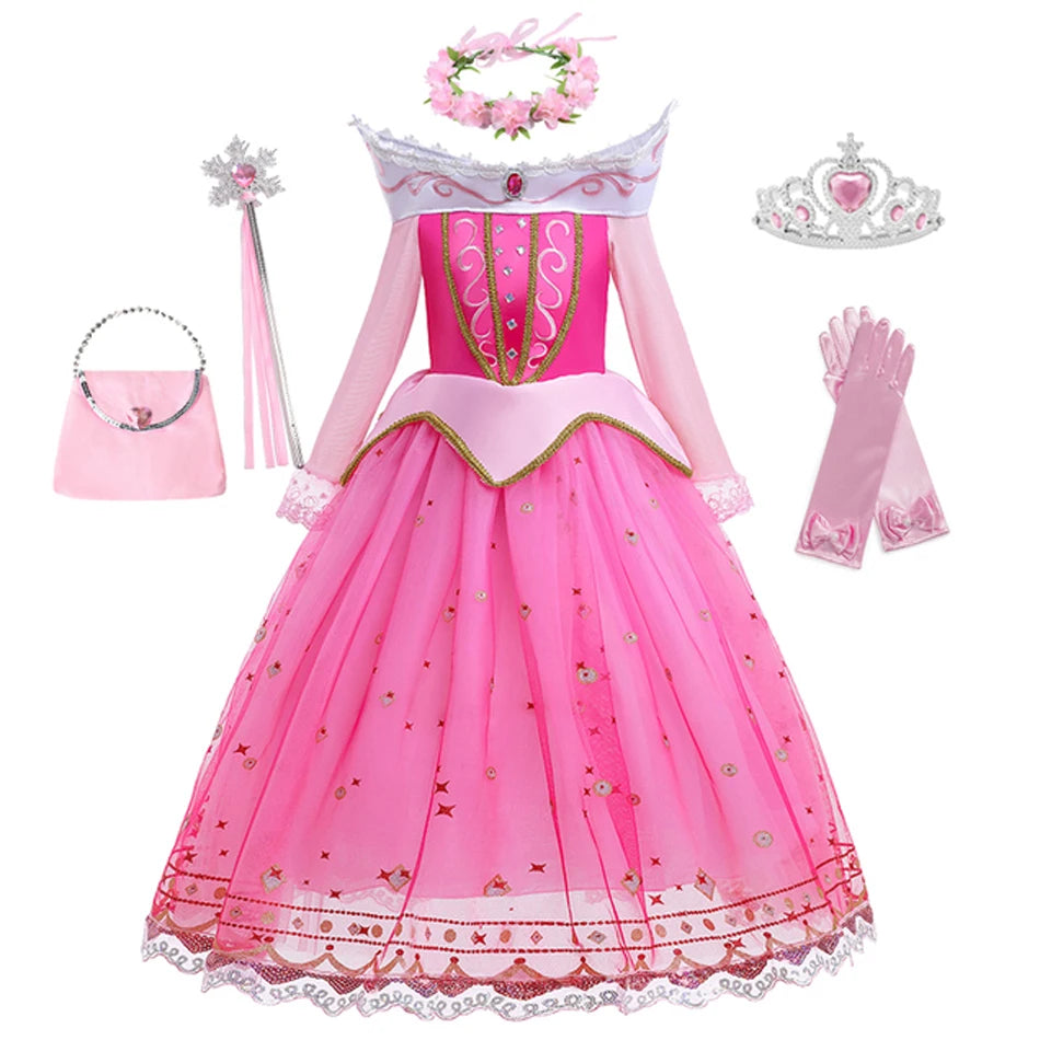Sleeping Beauty Costume for Girls Aurora Dress Long Sleeves Off Shoulder Kids Halloween Christmas Fancy Party Princess Clothing
