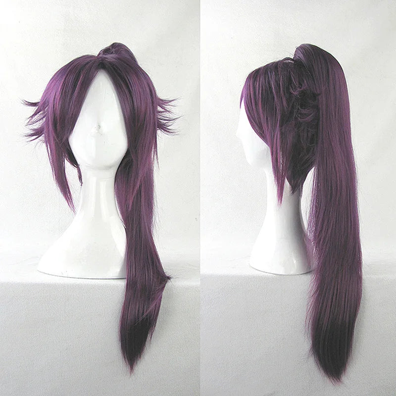 Shihouin Yoruichi Cosplay Wigs High-temperature Fiber Synthetic Hair Purple Mixed Long Chip Ponytail + Wig Cap