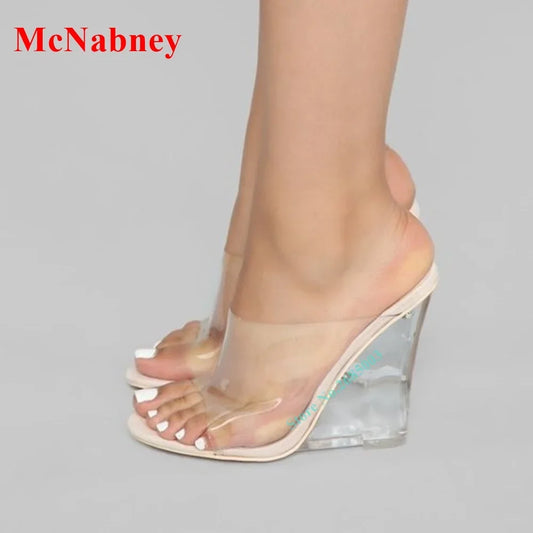 New Women's Transparent Crystal Wedge Shoes Open Toe Clear PVC Sandals Slipper Slip On Summer Shoe Party Dress High Heel Slipper