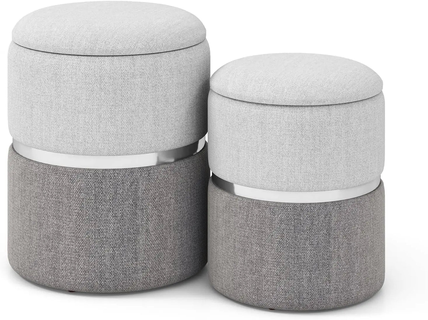 Storage Ottoman Set of 2, Modern Round Ottoman with Storage, Upholstered Linen Fabric Footrest with Sliver Hoop, Vanity