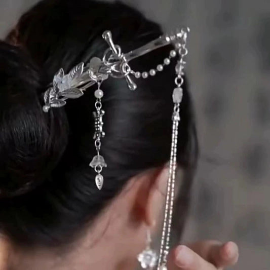 2025 New Chinese Style Sword Hair Sticks for Women Tassel Beads Chignon Pin Pearl Metal Leaves Hairpin Headdress Hair Accessorie