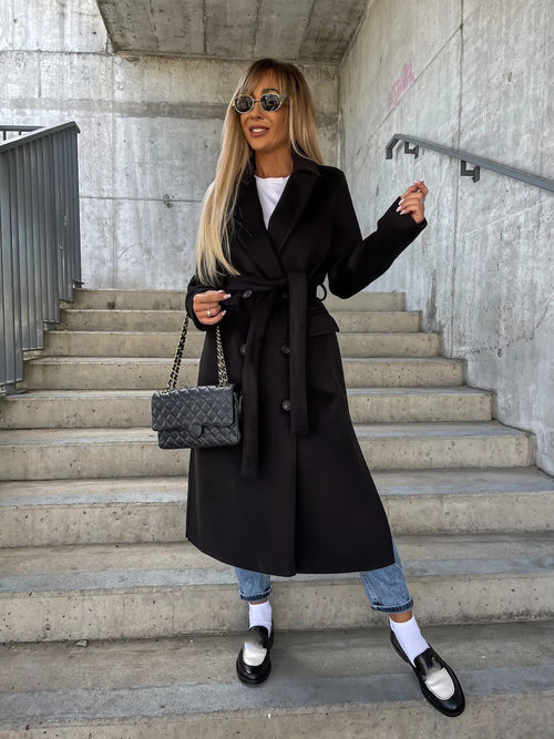 Double-breasted Lapel Split Jacket With Belt Winter Fashion Casual
