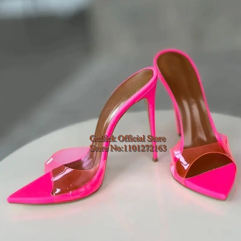 Stylish Pointed Toe Thin Heel Sandals Transparent PVC Slip On Candy Colors Female Summer Mules Shoes Pink Yellow Size 47