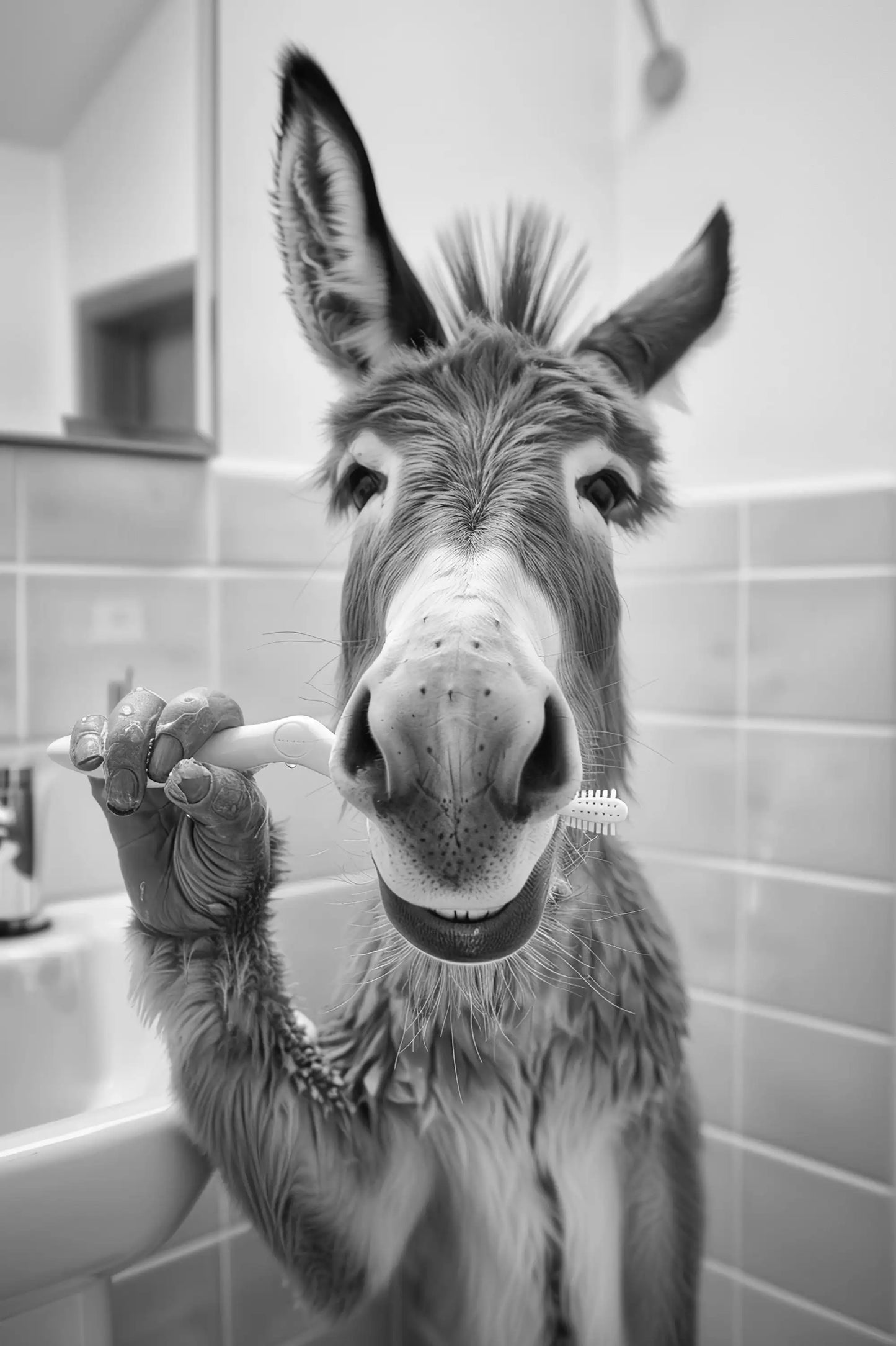 Black And White Cartoon Abstract Cute Animals Duck Hippo Panda Alpaca Brush teeth Posters Canvas Prints Art Home Room Wall Decor