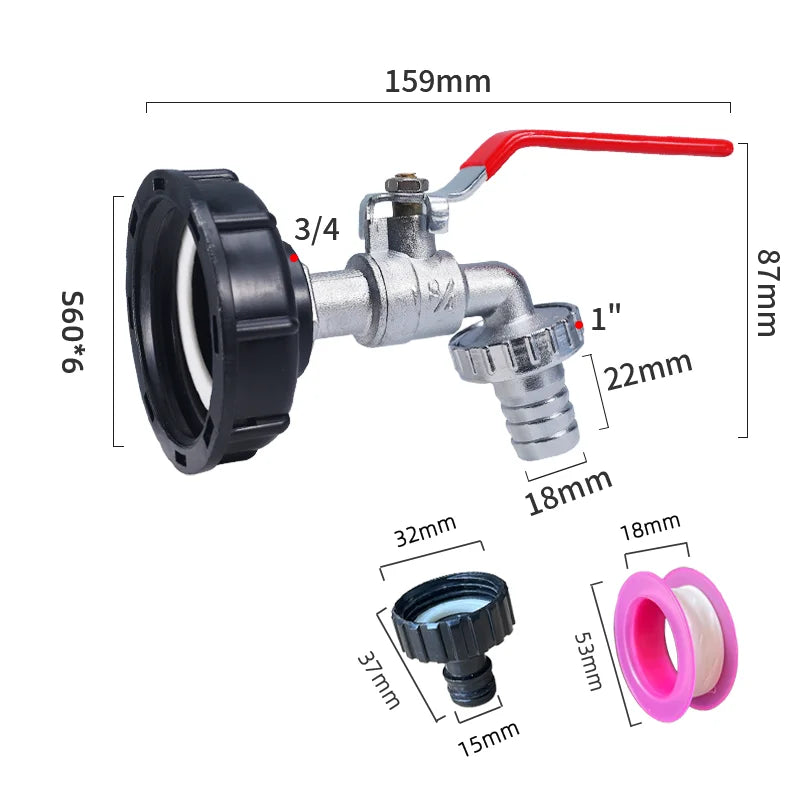 S60x6 Coarse Thread IBC Tank Tap Connecter X 1/2'' 3/4'' Water Coupling Adapter 1000L Garden Home Replacement Valve Fitting