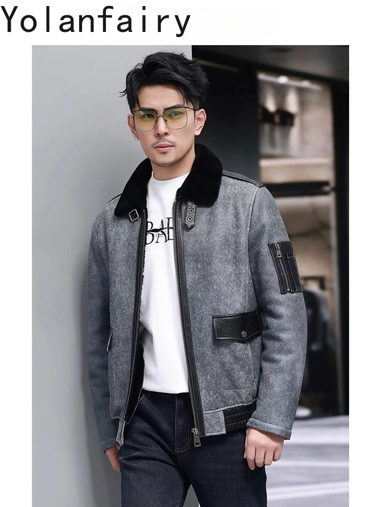 YOLANFAIRY Short Natural Fur Coat Man Fashion Genuine Sheepskin Leather Jacket Men Winter Slim-fit Warm Leather Fur Jackets 2025