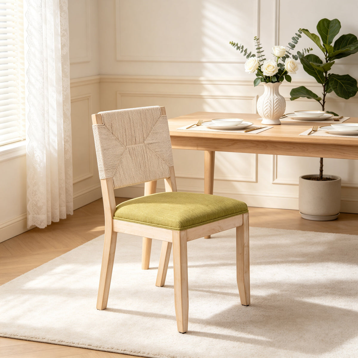 Dining Chairs Set of 2 with Woven Rope Backs and Linen Seats, French