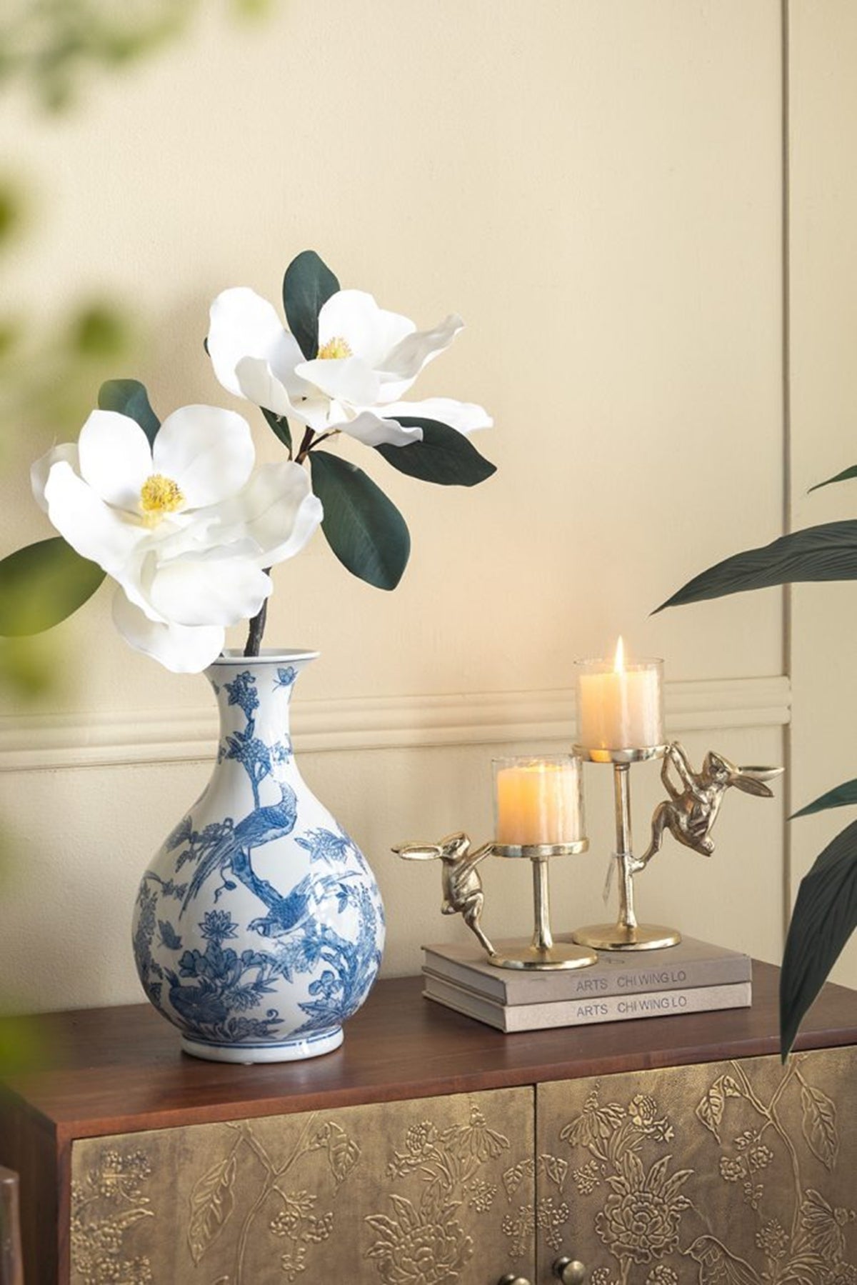 Gold Rabbit Pillar Candle Holder with Glass Hurricane, 11 in Tall