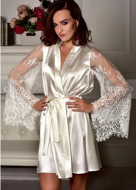 Sexy Lace Sleeve Bride Wedding Robe Dress White Silk Satin Kimono Bathrobe Gown Loose Female Sleepwear Elegant Homewear Lingerie