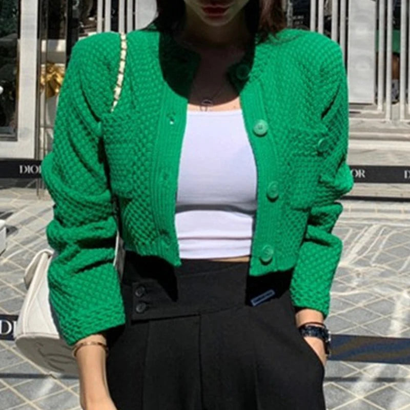 Elegant O Neck Cardigan Knitted Women Short Sweater Coat Pockets Autumn Long Sleeve Loose Spring Korean Versatile Crop Jacket