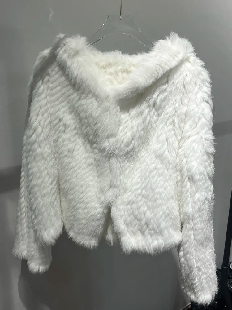 Real Fur Coat Women Korean Fashion Winter Natural Rabbit Hair Hand-Woven Hooded Jacket Female Lazy Loose Short White Ropa Mujer