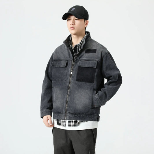 Autumn Fall Men's Vintage Washed Denim Jacket - Retro Blue Oversized Casual Long Sleeve Workwear Coat (American Classic Style)