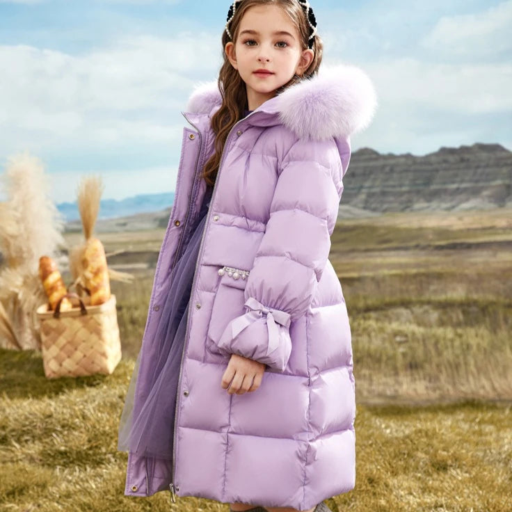Girls Cotton Clothes 2025 Autumn and Winter New Childrens Clothing Korean Girls Baby Big Hair Collar Long Down Cotton Clothes